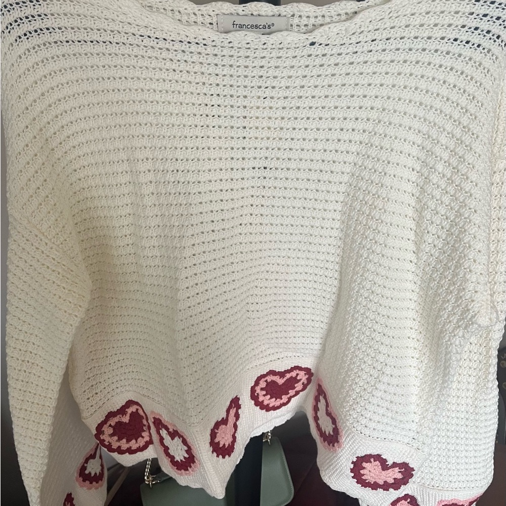 Francesca's Collections Cream Open-Knit Sweater with Pink Heart Border